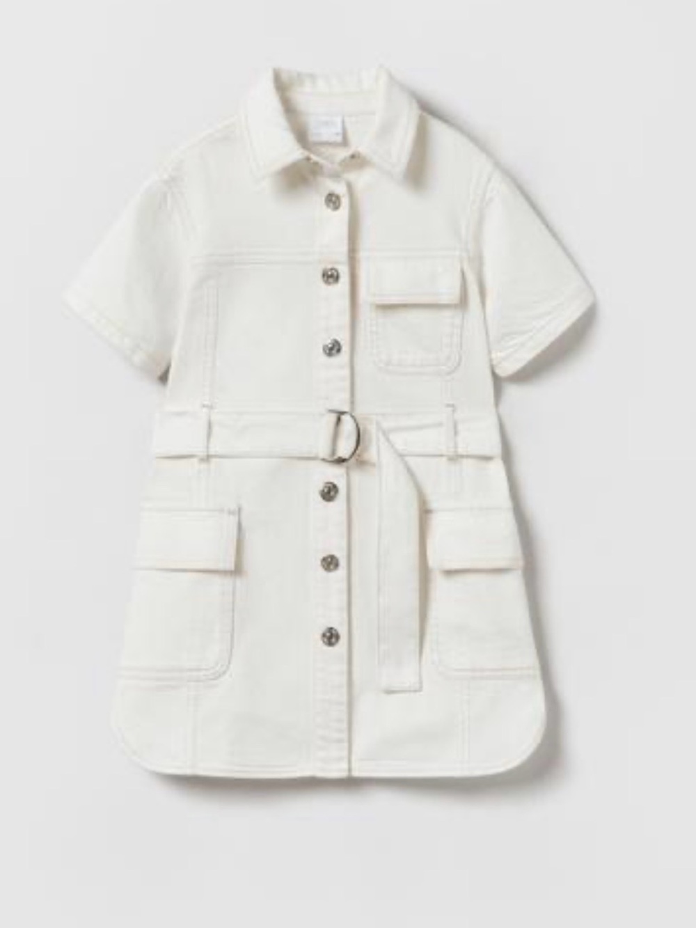 Cream Button-Front denim Utility Shirt Dress with Belt